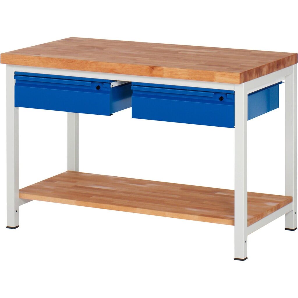 Pracovný stôl RAU série 8000, pracovná doska z bukového masívu, hrúbka 40 mm, v × š × h 840 – 1 040 × 1 250 × 700 mm, 2 zásuv., 1 odkladacie dno, hĺbka 557 mm Číslo obrázka výrobku 1: Pracovný stôl RAU série 8000, pracovná doska z bukového masívu, hrúbka 40 mm, v × š × h 840 – 1 040 × 1 250 × 700 mm, 2 zásuv., 1 odkladacie dno, hĺbka 557 mm