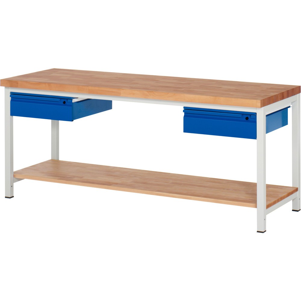 Číslo obrázka výrobku 1: Pracovný stôl RAU série 8000, pracovná doska z bukového masívu, hrúbka 40 mm, v × š × h 840 × 2 000 × 700 mm, 2 zásuv., 1 odkladacie dno, hĺbka 557 mm