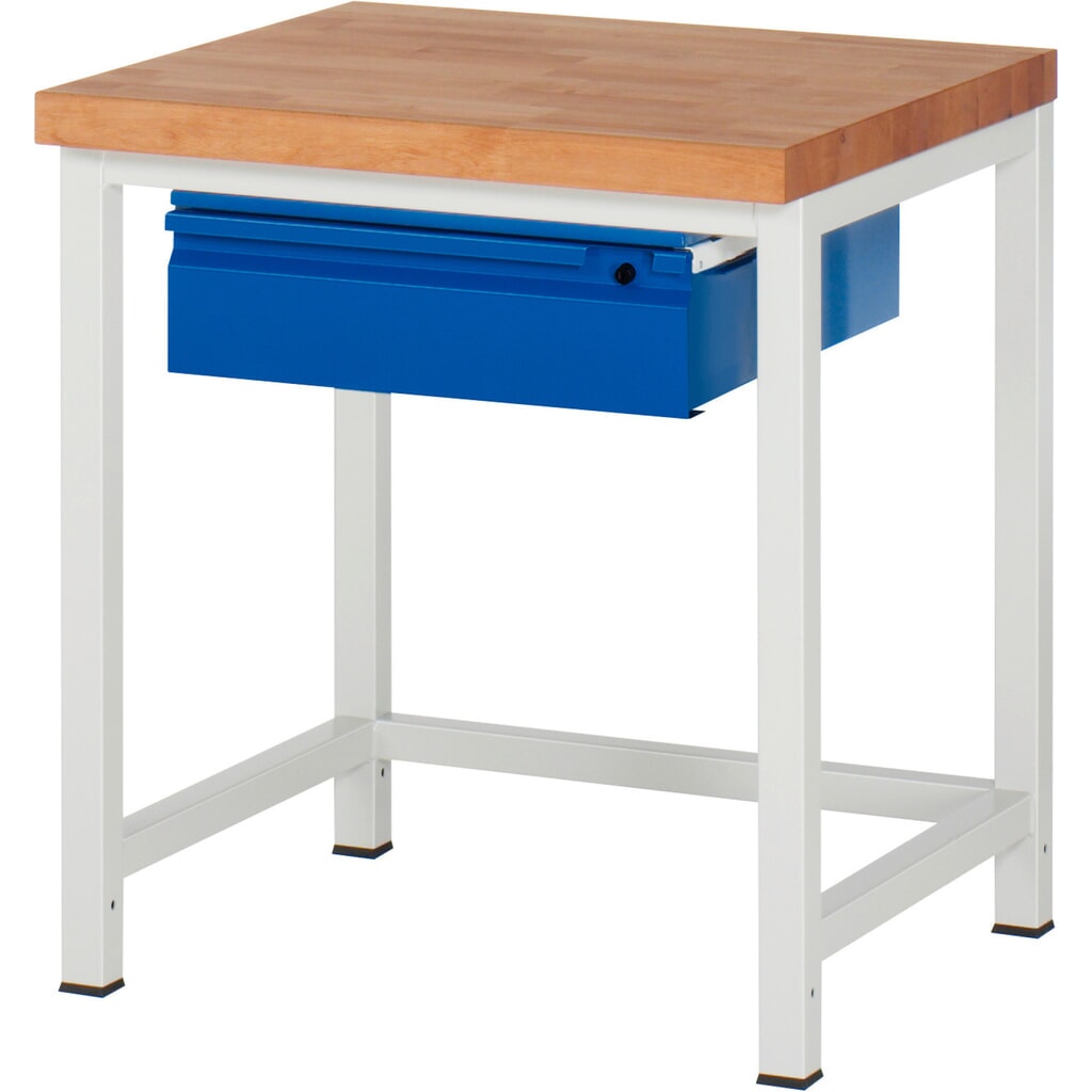Číslo obrázka výrobku 1: Pracovný stôl RAU série 8000, pracovná doska z bukového masívu, hrúbka 40 mm, v × š × h 840 – 1 040 × 750 × 700 mm, 1 zásuvka, 1 × 150 mm