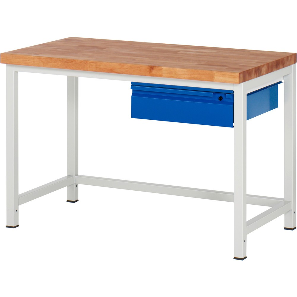 Číslo obrázka výrobku 1: Pracovný stôl RAU série 8000, pracovná doska z bukového masívu, hrúbka 40 mm, v × š × h 840 × 1 250 × 700 mm, 1 zásuvka, 1 × 150 mm