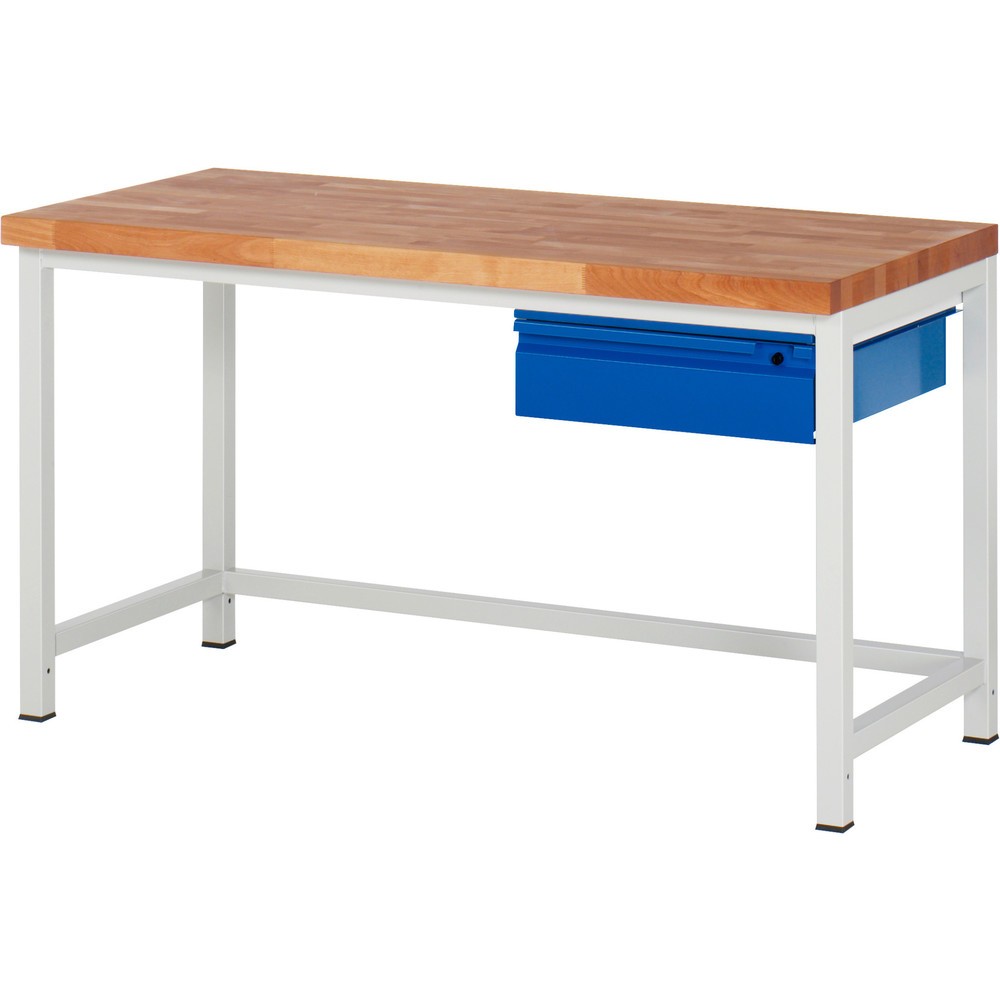 Číslo obrázka výrobku 1: Pracovný stôl RAU série 8000, pracovná doska z bukového masívu, hrúbka 40 mm, v × š × h 840 – 1 040 × 1 500 × 700 mm, 1 zásuvka, 1 × 150 mm