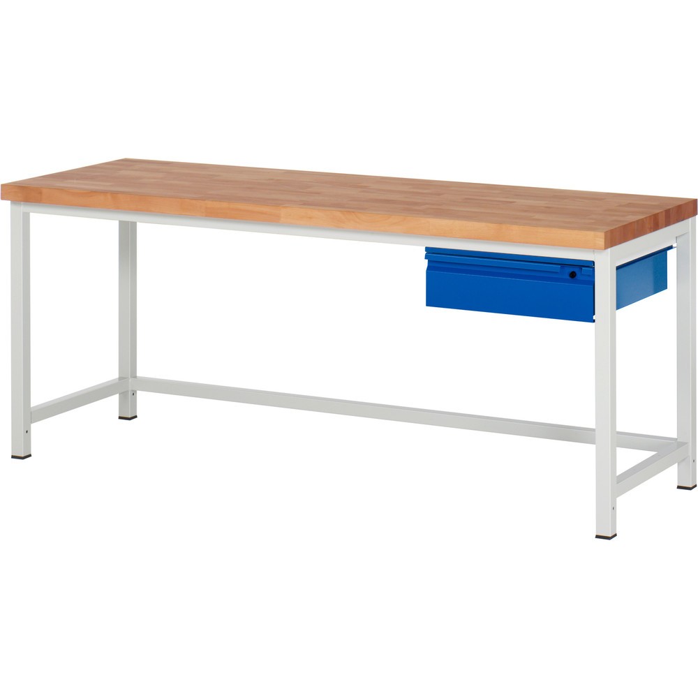 Obrázok výrobku: Pracovný stôl RAU série 8000, pracovná doska z bukového masívu, hrúbka 40 mm, v × š × h 840 – 1 040 × 2 000 × 700 mm, 1 zásuvka, 1 × 150 mm