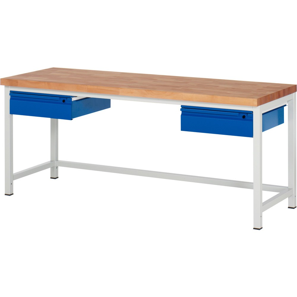 Obrázok výrobku: Pracovný stôl RAU série 8000, pracovná doska z bukového masívu, hrúbka 40 mm, v × š × h 840 × 2 000 × 700 mm, 2 zásuv., 2 × 150 mm
