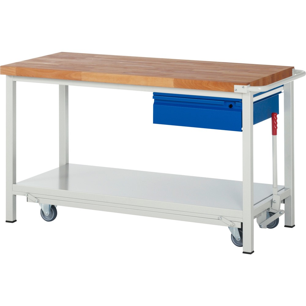 Obrázok výrobku: Pracovný stôl RAU série 8000 so znížiteľným podvozkom, 1 zásuv., 1 odkladacie dno, v × š × h 880 × 1 500 × 700 mm, 1 zásuv.