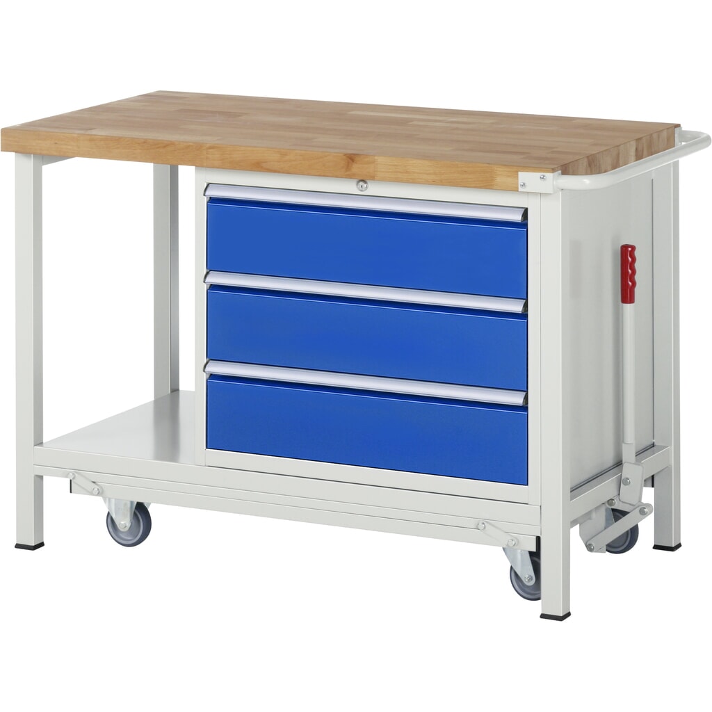 Pracovný stôl RAU s podvozkom série 8 000, v × š × h 880 × 1 250 × 700 mm, 1 podstavný kontajner vpravo, s 3 zásuvkami Obrázok výrobku: Pracovný stôl RAU s podvozkom série 8 000, v × š × h 880 × 1 250 × 700 mm, 1 podstavný kontajner vpravo, s 3 zásuvkami