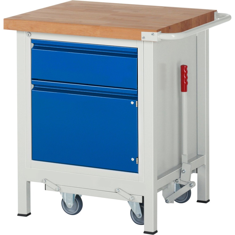 Obrázok výrobku: Pracovný stôl RAU série 8000 so znížiteľným podvozkom, počet kontajnerov: 1, v × š × h 880 × 750 × 700 mm, 1 zásuv. s 90 % vysunutím, 1 krídlové dvere