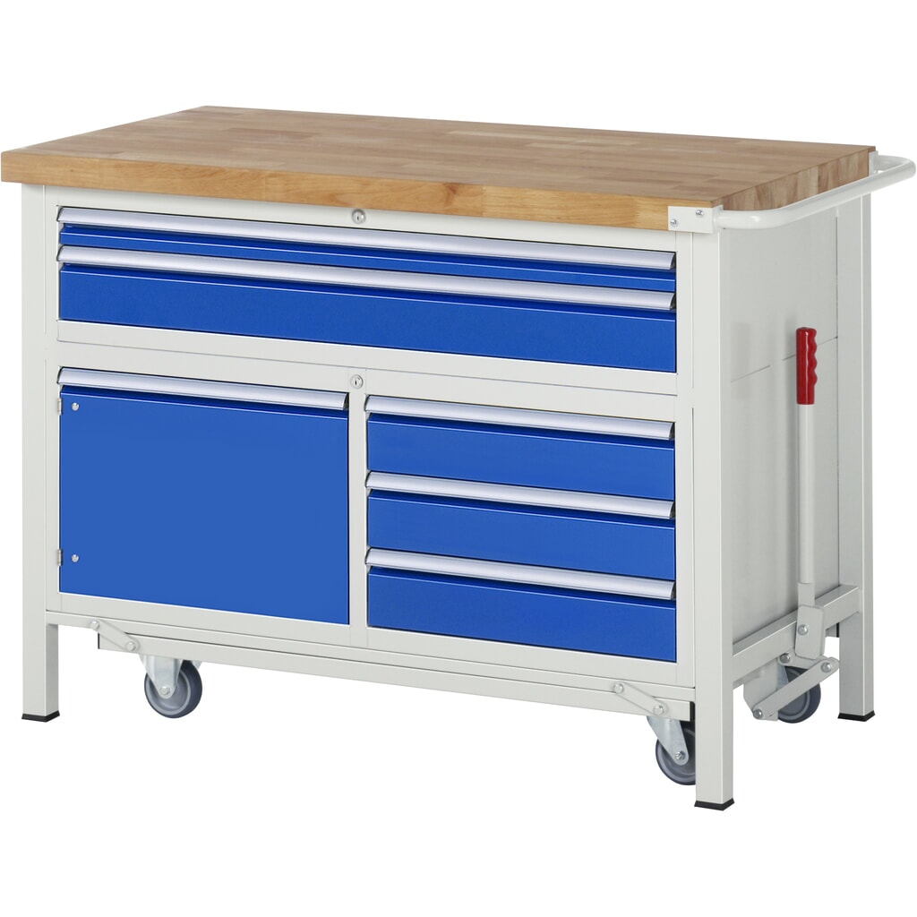 Pracovný stôl RAU s podvozkom série 8 000, v × š × h 920 × 1 250 × 700 mm, 1 trojitý podstavný kontajner, s 5 zásuvkami a 1 krídlovými dverami Obrázok výrobku: Pracovný stôl RAU s podvozkom série 8 000, v × š × h 920 × 1 250 × 700 mm, 1 trojitý podstavný kontajner, s 5 zásuvkami a 1 krídlovými dverami