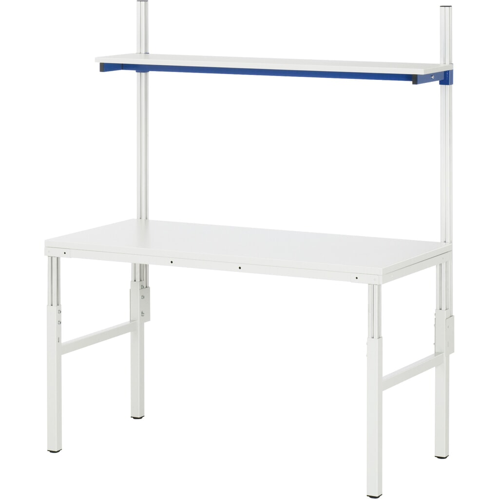 Pracovný stôl RAU série E, s etážovou policou, v × š × h 650 – 1 000 × 1 200 × 500 mm, pracovná doska s melamínovým povrchom Obrázok výrobku: Pracovný stôl RAU série E, s etážovou policou, v × š × h 650 – 1 000 × 1 200 × 500 mm, pracovná doska s melamínovým povrchom