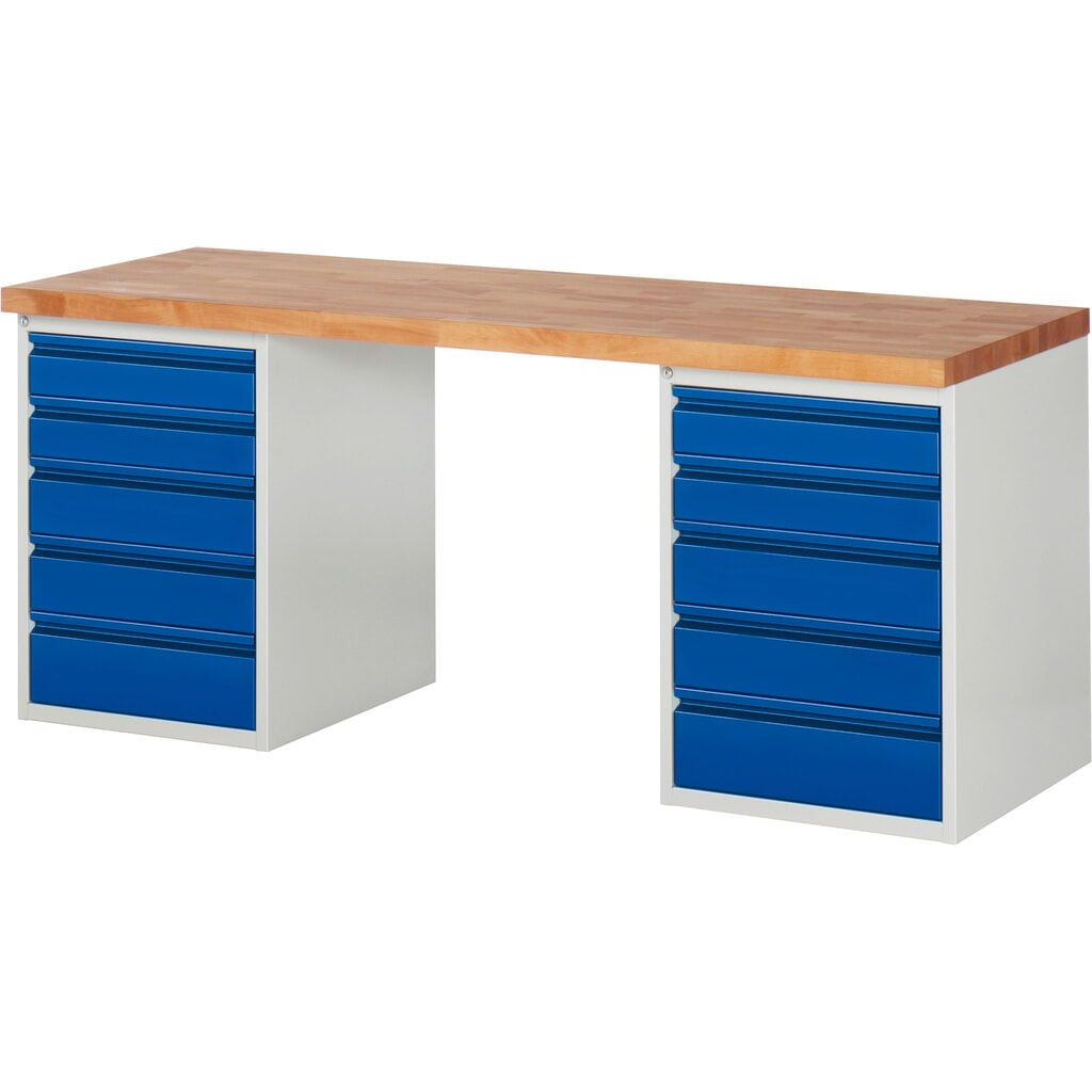 Steinbock® pracovný stôl, 2x 5 zásuviek, V x Š x H 840 x 1500 x 700 mm, RAL 7035/5010 Číslo obrázka výrobku 1: Steinbock® pracovný stôl, 2x 5 zásuviek, V x Š x H 840 x 1500 x 700 mm, RAL 7035/5010