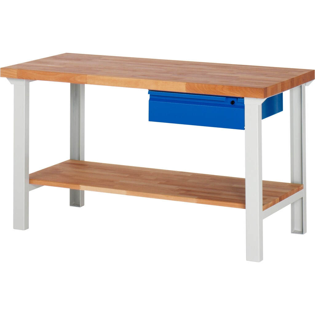Pracovný stôl Steinbock® so zásuvkou a policou, V x Š x H 840 x 1500 x 700 mm, RAL 7035/5010 Obrázok výrobku: Pracovný stôl Steinbock® so zásuvkou a policou, V x Š x H 840 x 1500 x 700 mm, RAL 7035/5010