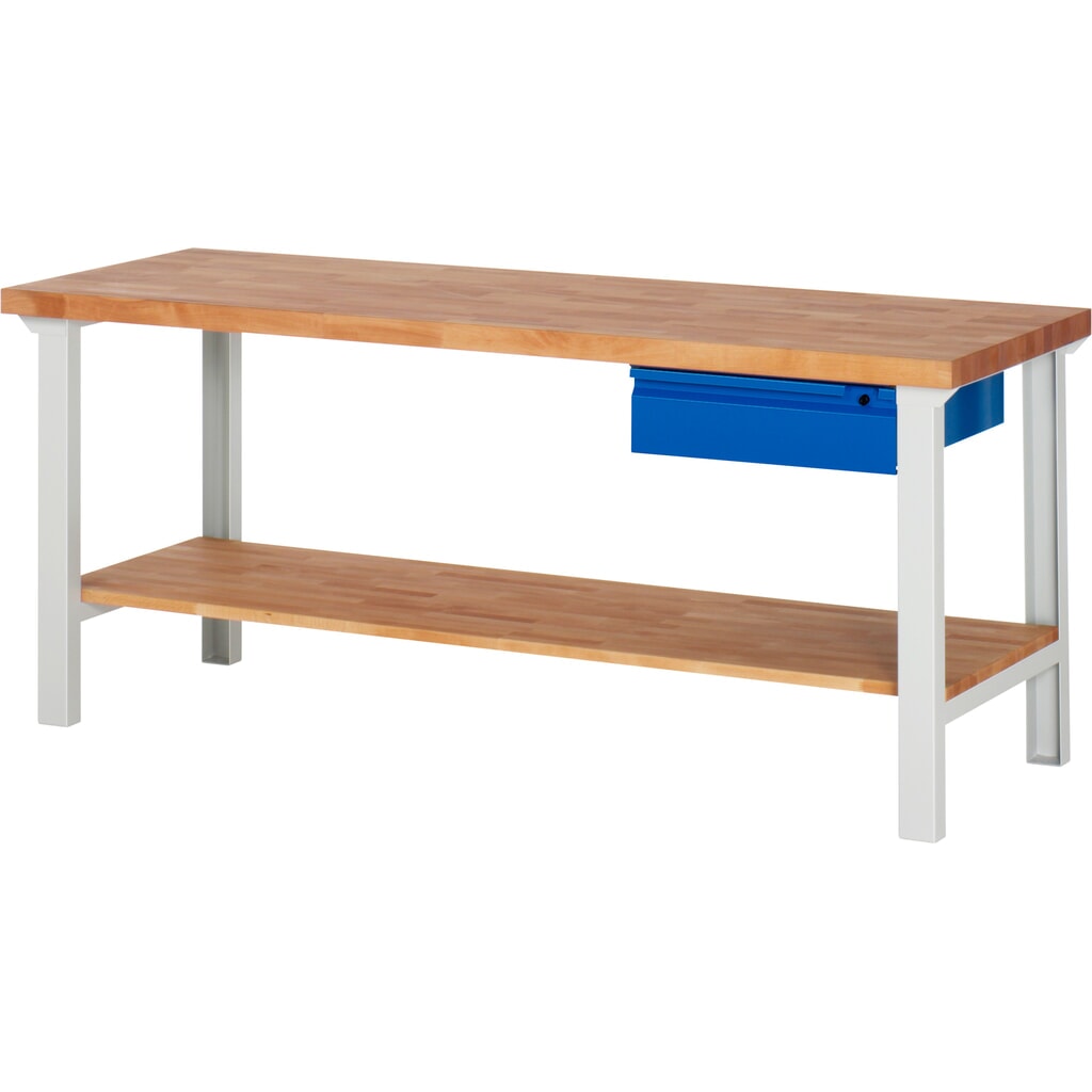 Pracovný stôl Steinbock® so zásuvkou a policou, V x Š x H 840 x 2 000 x 700 mm, RAL 7035/5010 Obrázok výrobku: Pracovný stôl Steinbock® so zásuvkou a policou, V x Š x H 840 x 2 000 x 700 mm, RAL 7035/5010