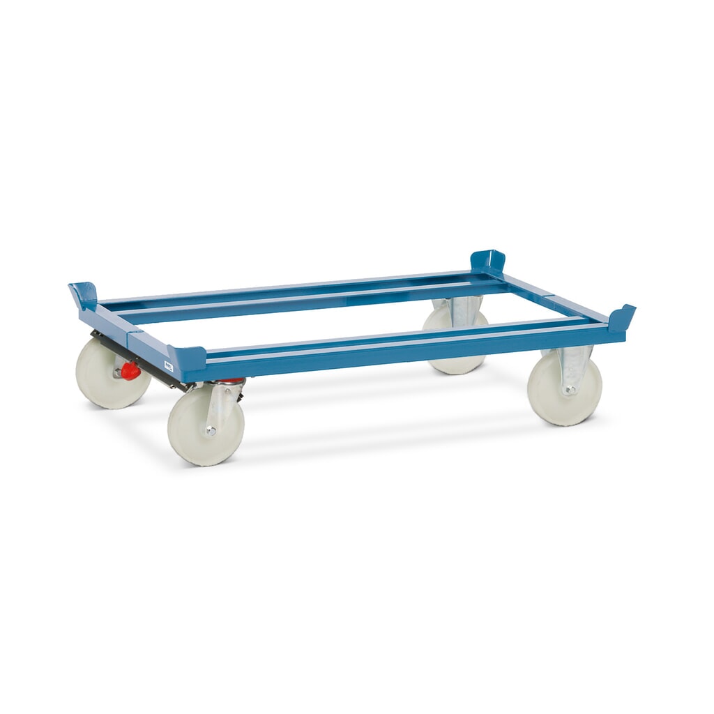 Obrázok výrobku: Prepravný podvozok fetra® so zvýšenými rohmi, nosnosť 1000 kg, pre palety 1200 x 800 mm, polyamidové pneumatiky, s centrálna brzda