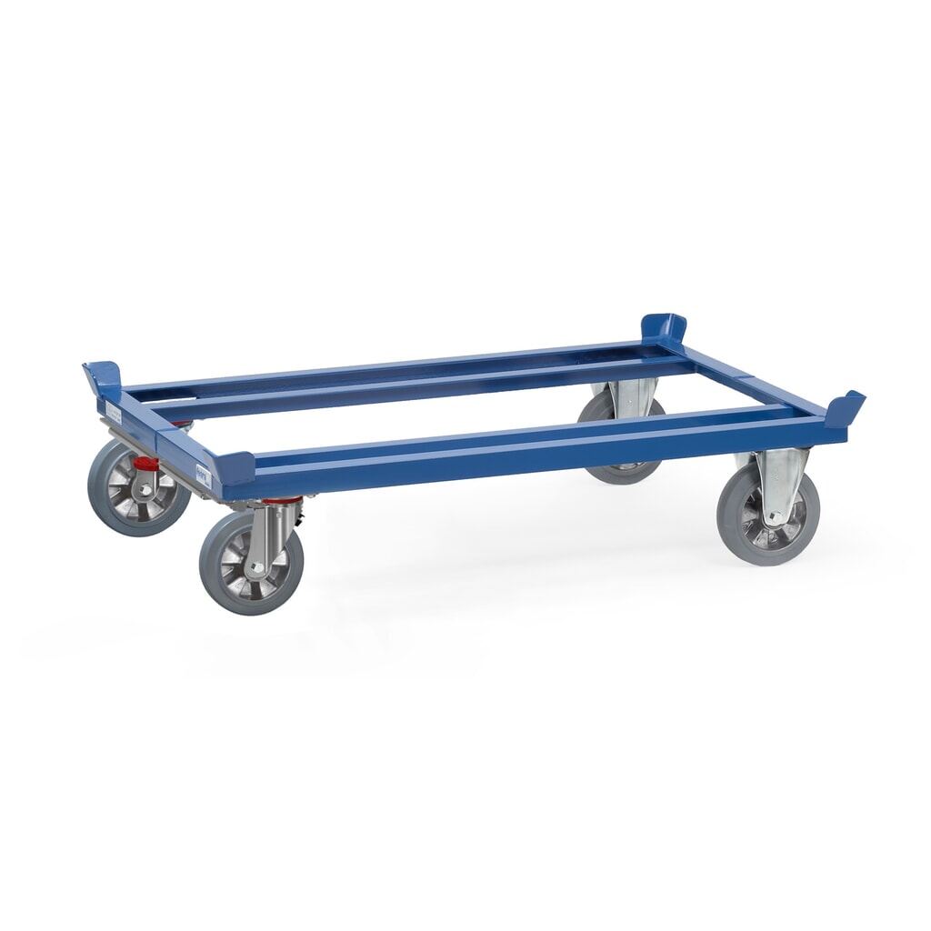 Prepravný podvozok fetra® so zvýšenými rohmi, nosnosť 1200 kg, pre palety 1200 x 800 mm, elastické celogumové pneumatiky, s centrálna brzda Obrázok výrobku: Prepravný podvozok fetra® so zvýšenými rohmi, nosnosť 1200 kg, pre palety 1200 x 800 mm, elastické celogumové pneumatiky, s centrálna brzda