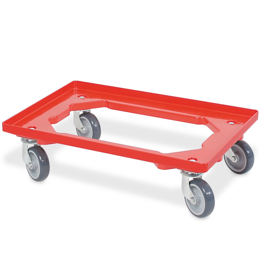 Číslo obrázka výrobku 1: Prepravný valec pre Euro stohovací kontajner 600x400 mm červený, 4 otočné kolieska, sivé gumové kolieska