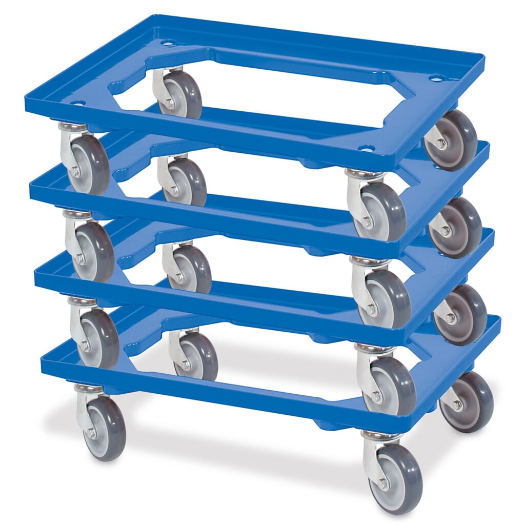Prepravný valec pre Euro stohovací kontajner 600x400 mm modrý, 4 otočné kolieska, sivé gumové kolieska Číslo obrázka výrobku 2: Prepravný valec pre Euro stohovací kontajner 600x400 mm modrý, 4 otočné kolieska, sivé gumové kolieska