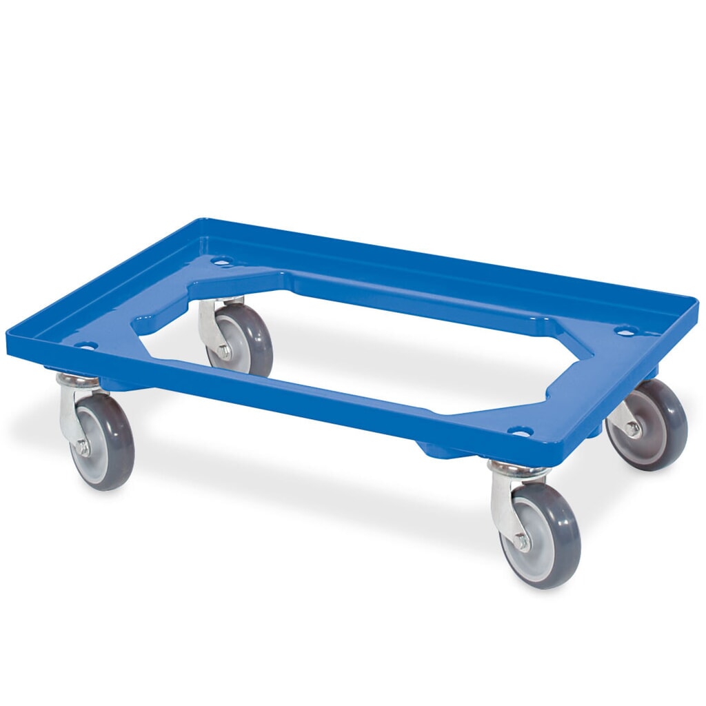 Číslo obrázka výrobku 1: Prepravný valec pre Euro stohovací kontajner 600x400 mm modrý, 4 otočné kolieska, sivé gumové kolieska