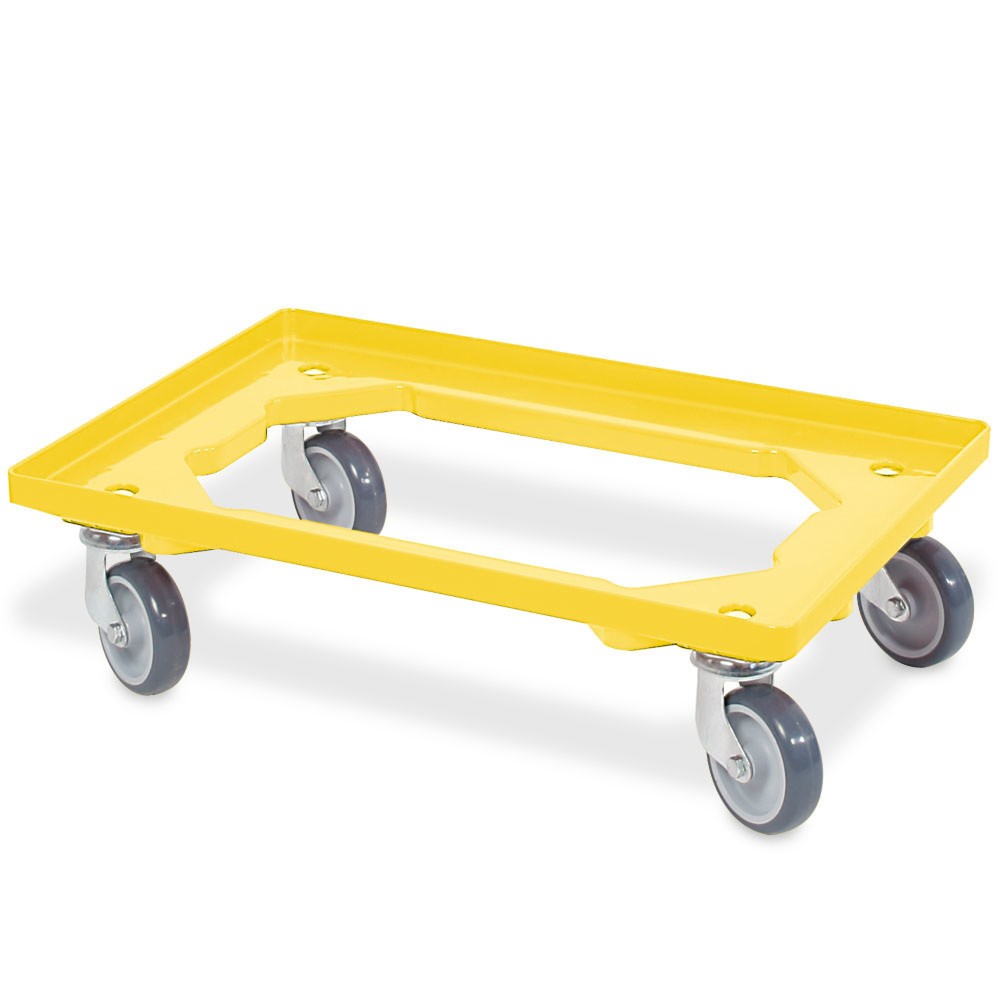 Číslo obrázka výrobku 1: Prepravný valec pre Euro stohovací kontajner 600x400 mm žltý, 4 otočné kolieska, sivé gumové kolieska