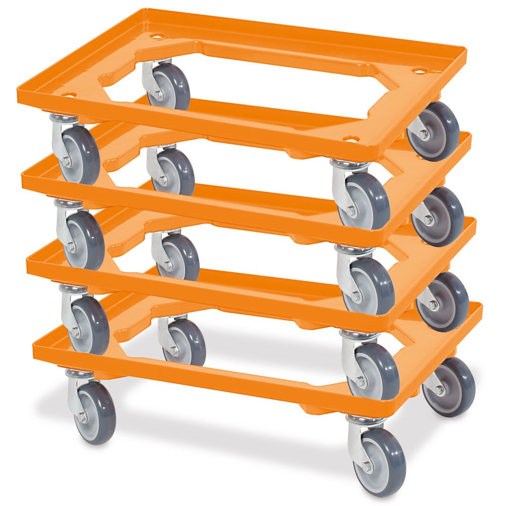 Číslo obrázka výrobku 2: Prepravný valec pre Euro stohovací kontajner 600x400 mm oranžový, 4 otočné kolieska, sivé gumové kolieska