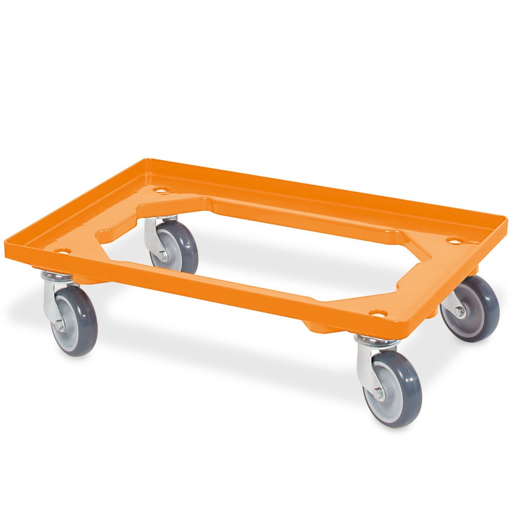 Číslo obrázka výrobku 1: Prepravný valec pre Euro stohovací kontajner 600x400 mm oranžový, 4 otočné kolieska, sivé gumové kolieska