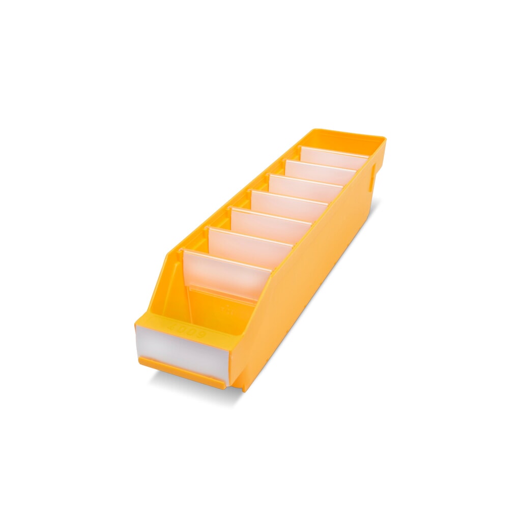 Regálové boxy s priezorom, Š x H 90 x 400 mm, žltá farba Obrázok výrobku: Regálové boxy s priezorom, Š x H 90 x 400 mm, žltá farba