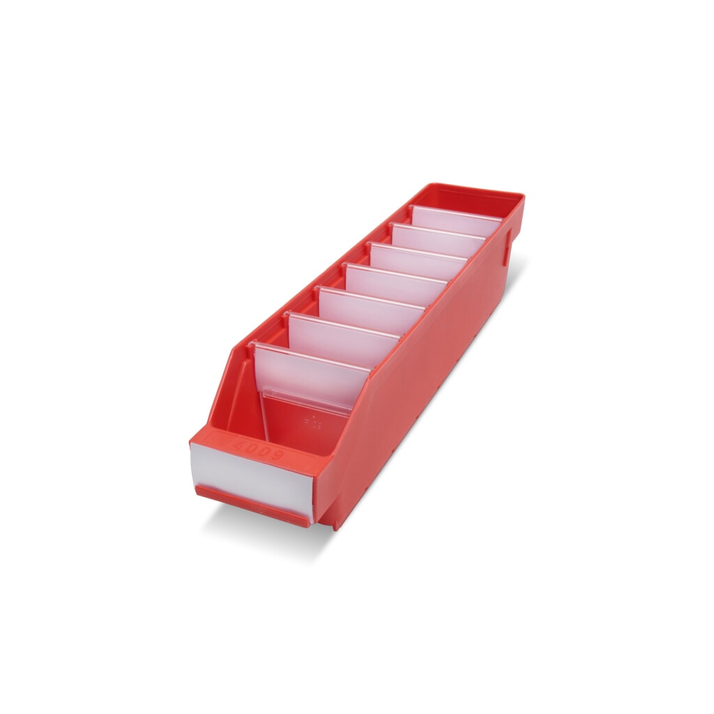 Regálové boxy s priezorom, Š x H 90 x 400 mm, červená farba Obrázok výrobku: Regálové boxy s priezorom, Š x H 90 x 400 mm, červená farba