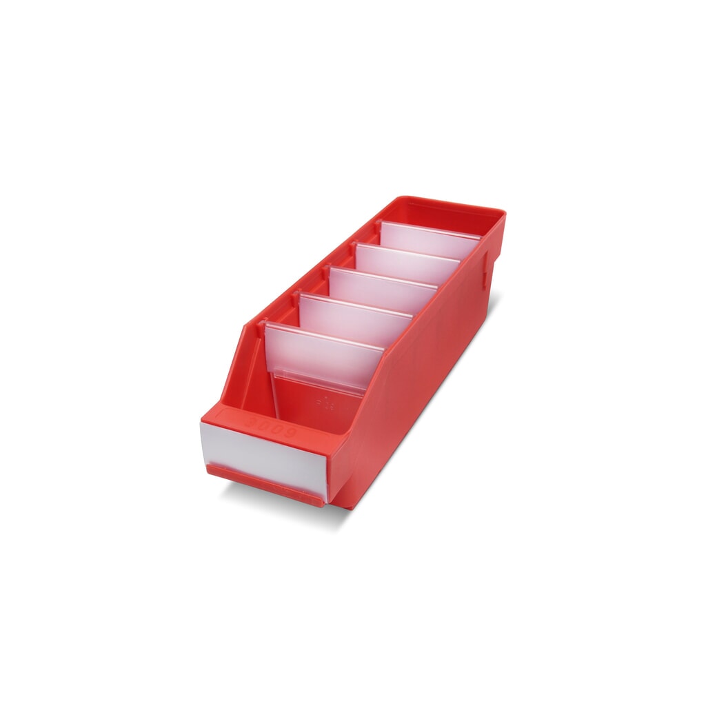 Regálové boxy s priezorom, Š x H 90 x 300 mm, červená farba Obrázok výrobku: Regálové boxy s priezorom, Š x H 90 x 300 mm, červená farba