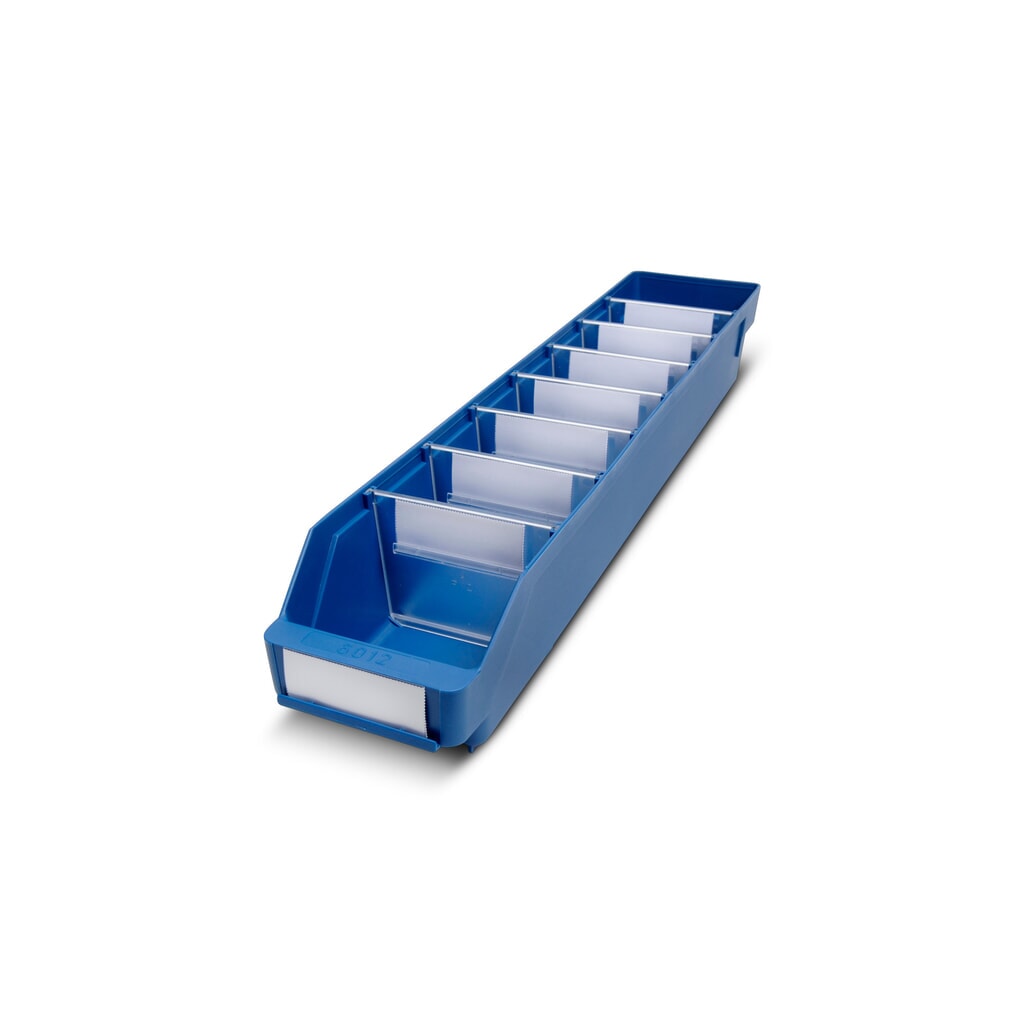 Regálové boxy s priezorom, Š x H 120 x 600 mm, modrá farba Obrázok výrobku: Regálové boxy s priezorom, Š x H 120 x 600 mm, modrá farba