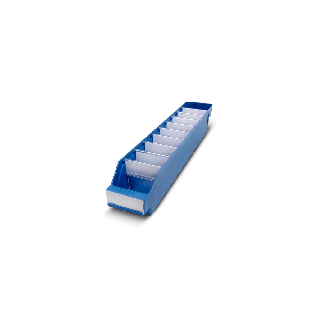 Regálové boxy s priezorom, Š x H 90 x 500 mm, modrá farba Obrázok výrobku: Regálové boxy s priezorom, Š x H 90 x 500 mm, modrá farba