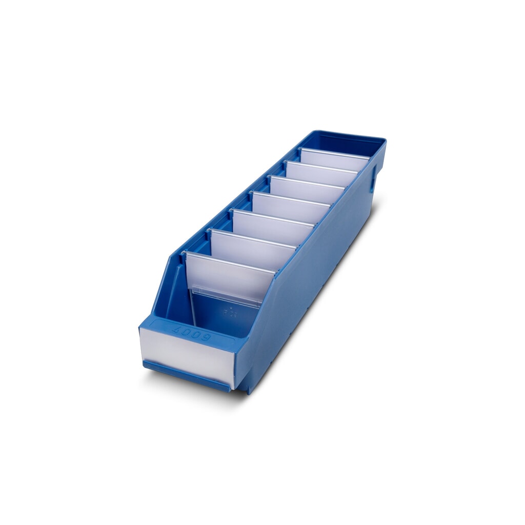 Regálové boxy s priezorom, Š x H 90 x 400 mm, modrá farba Obrázok výrobku: Regálové boxy s priezorom, Š x H 90 x 400 mm, modrá farba