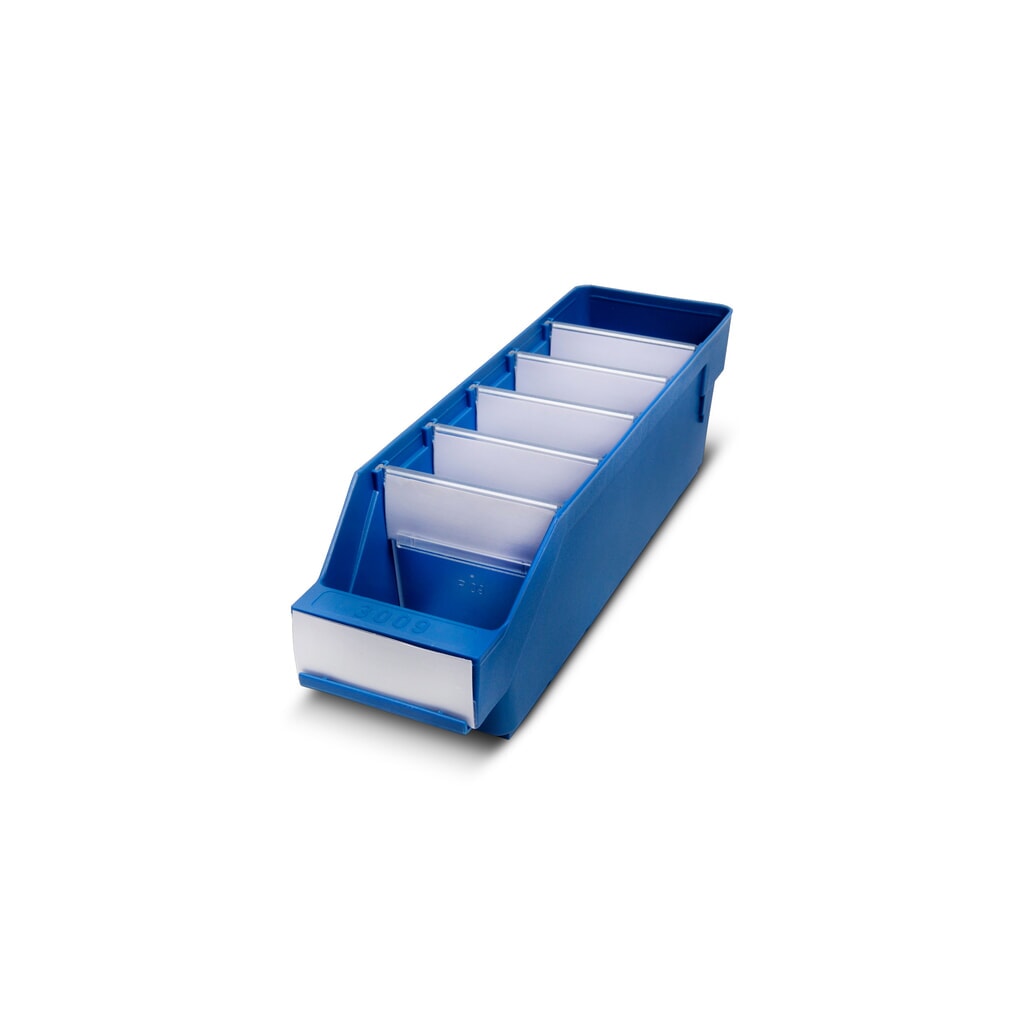 Regálové boxy s priezorom, Š x H 90 x 300 mm, modrá farba Obrázok výrobku: Regálové boxy s priezorom, Š x H 90 x 300 mm, modrá farba