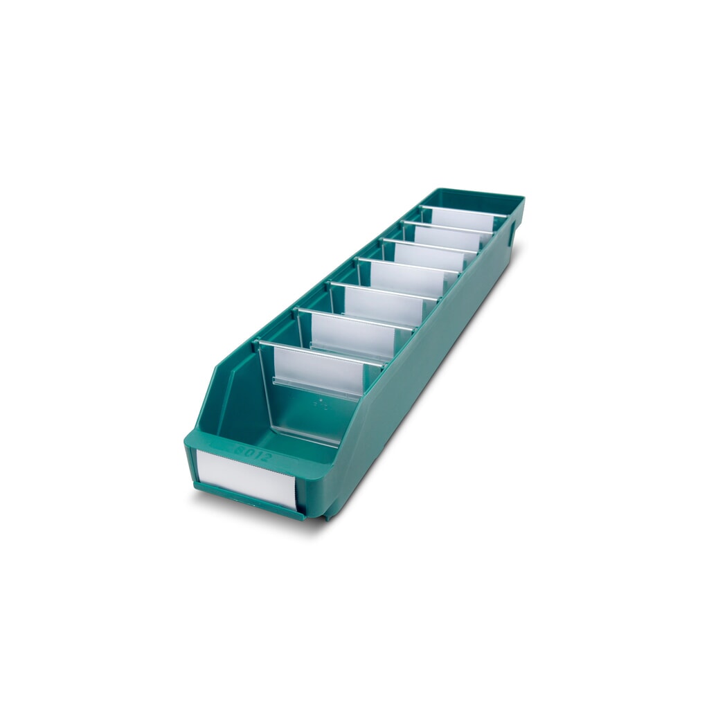 Regálové boxy s priezorom, Š x H 120 x 600 mm, zelená farba Obrázok výrobku: Regálové boxy s priezorom, Š x H 120 x 600 mm, zelená farba