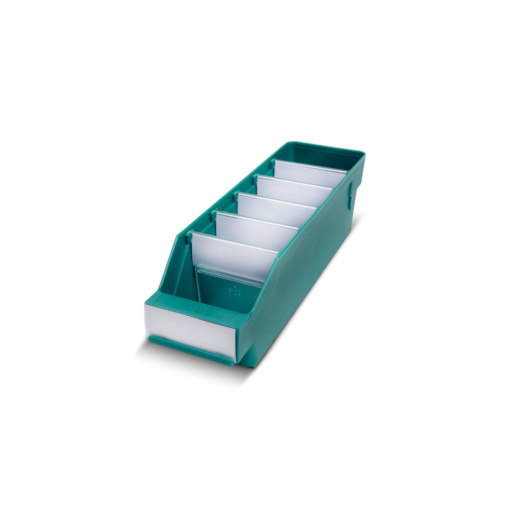 Regálové boxy s priezorom, Š x H 90 x 300 mm, zelená farba Obrázok výrobku: Regálové boxy s priezorom, Š x H 90 x 300 mm, zelená farba