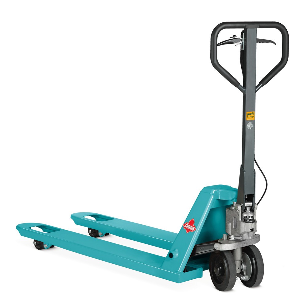 Obrázok výrobku: Ručný paletový vozík Ameise® PTM 2.5 s ručnou brzdou, nosnosť 2500 kg, dĺžka vidlíc 1150 mm, celogumové/polyuretán, tandemové kolieska