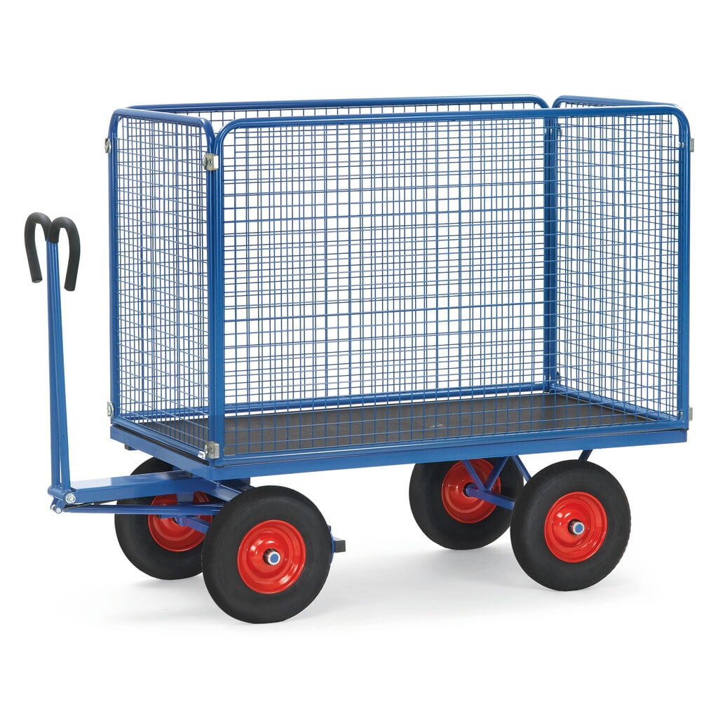 Ručný plošinový vozík fetra® so stenami drôteného pletiva H 1.000 mm, ložná plocha 900 x 1.600 mm, nosnosť 1.000 kg, pneumatiky z masívnej gumy Obrázok výrobku: Ručný plošinový vozík fetra® so stenami drôteného pletiva H 1.000 mm, ložná plocha 900 x 1.600 mm, nosnosť 1.000 kg, pneumatiky z masívnej gumy