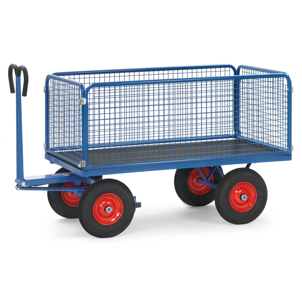 Ručný plošinový vozík fetra® so stenami drôteného pletiva H 600 mm, ložná plocha 1.000 x 2.000 mm, nosnosť 1.250 kg, pneumatiky z masívnej gumy Obrázok výrobku: Ručný plošinový vozík fetra® so stenami drôteného pletiva H 600 mm, ložná plocha 1.000 x 2.000 mm, nosnosť 1.250 kg, pneumatiky z masívnej gumy