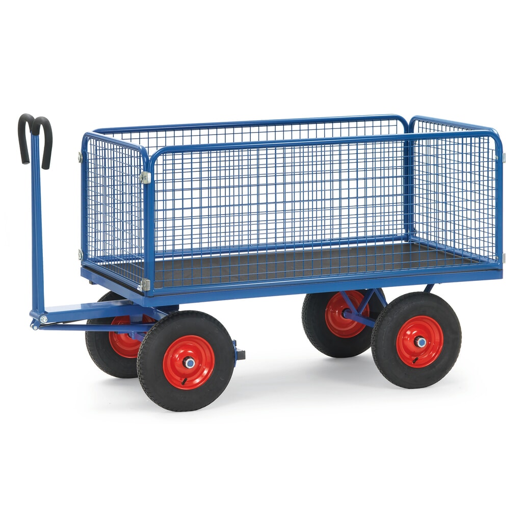 Obrázok výrobku: Ručný plošinový vozík fetra® s drôtenými stenami H 600 mm, ložná plocha 900 x 1 600 mm, nosnosť 1.000 kg, vzduchové pneumatiky