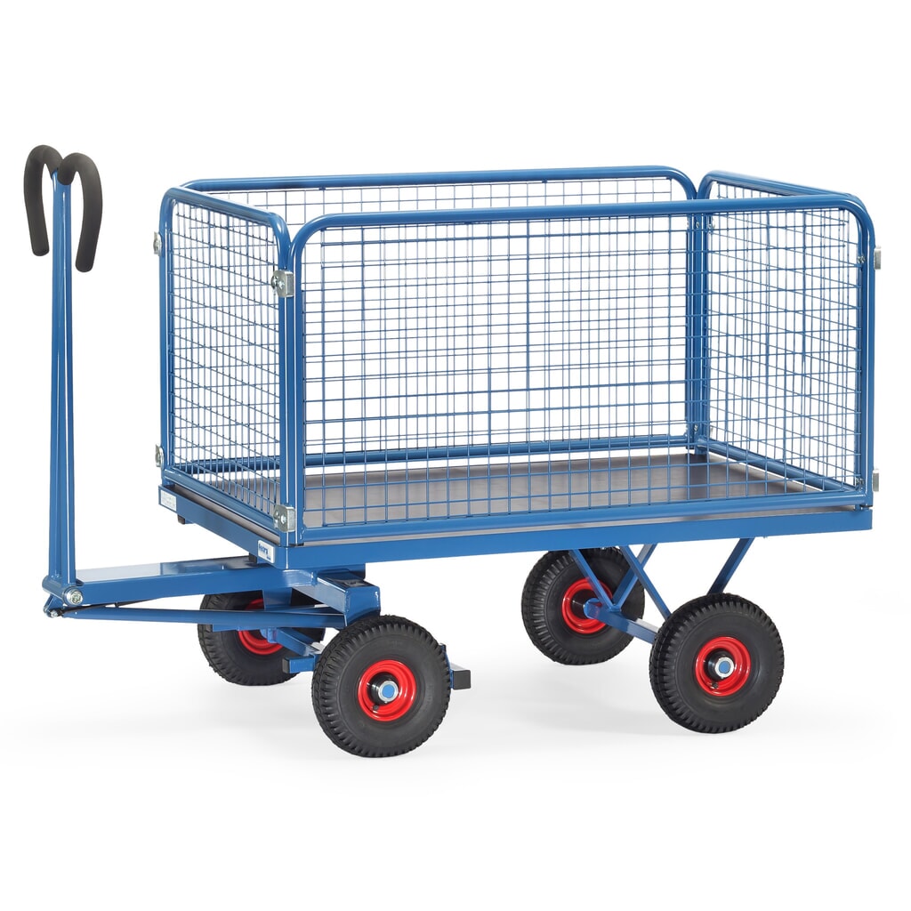 Obrázok výrobku: Ručný plošinový vozík fetra® so stenami drôteného pletiva H 600 mm, ložná plocha 800 x 1 200 mm, nosnosť 700 kg, vzduchové pneumatiky