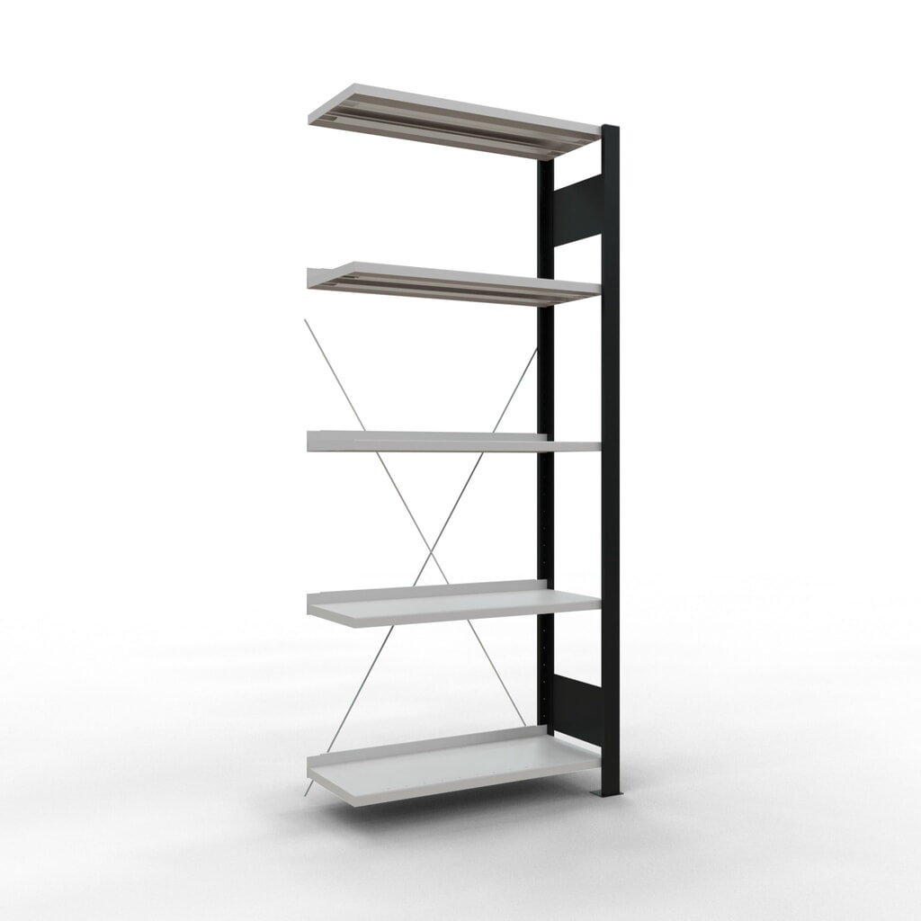 polica SCHULTE prídavné pole, jednostranná, s koncovými zarážkami, nosnosť regálu 85 kg, čierna, V x Š x H 1 800 x 750 x 300 mm Obrázok výrobku: polica SCHULTE prídavné pole, jednostranná, s koncovými zarážkami, nosnosť regálu 85 kg, čierna, V x Š x H 1 800 x 750 x 300 mm