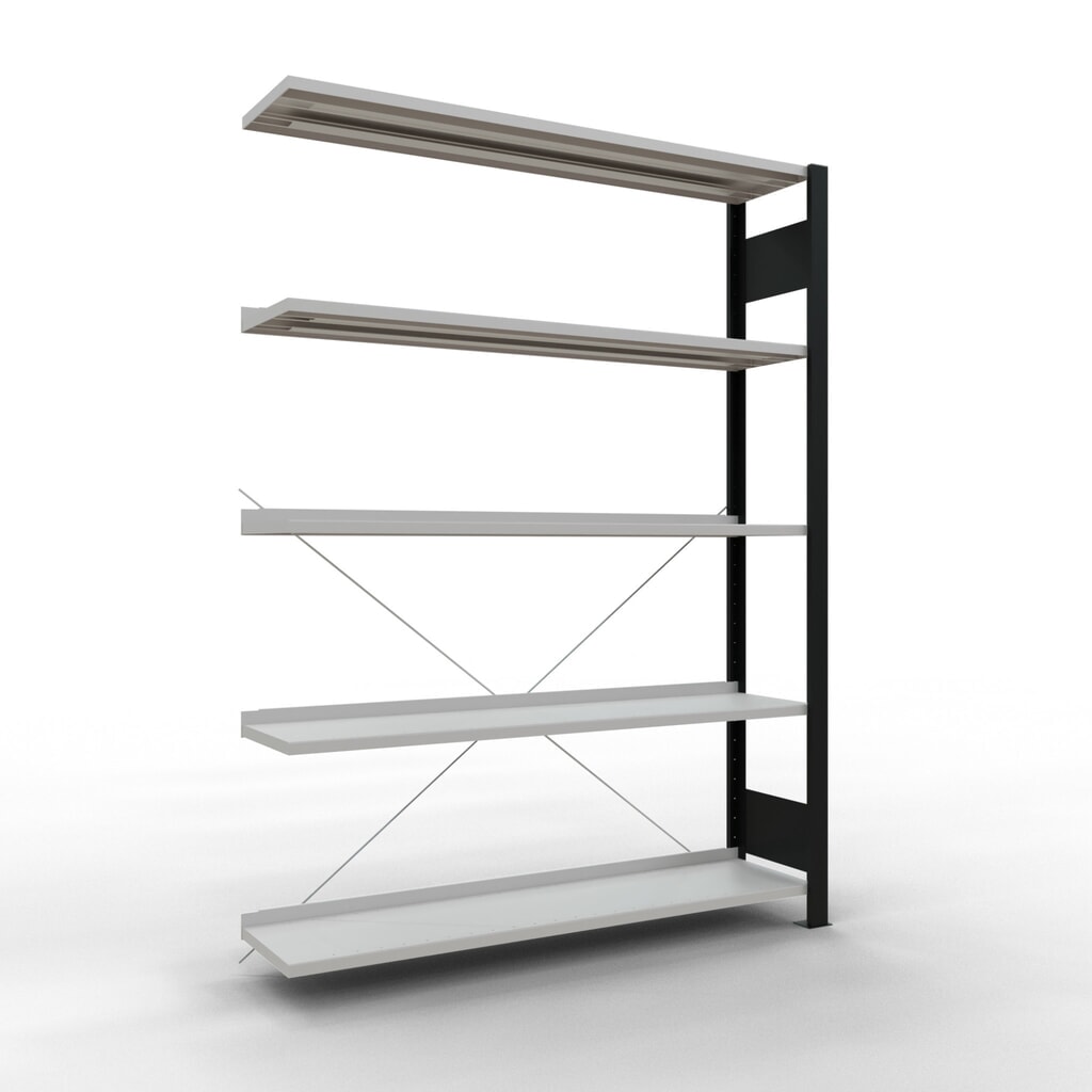 polica SCHULTE prídavné pole, jednostranná, s koncovými zarážkami, nosnosť regálu 85 kg, čierna, V x Š x H 1 800 x 1 300 x 300 mm Obrázok výrobku: polica SCHULTE prídavné pole, jednostranná, s koncovými zarážkami, nosnosť regálu 85 kg, čierna, V x Š x H 1 800 x 1 300 x 300 mm