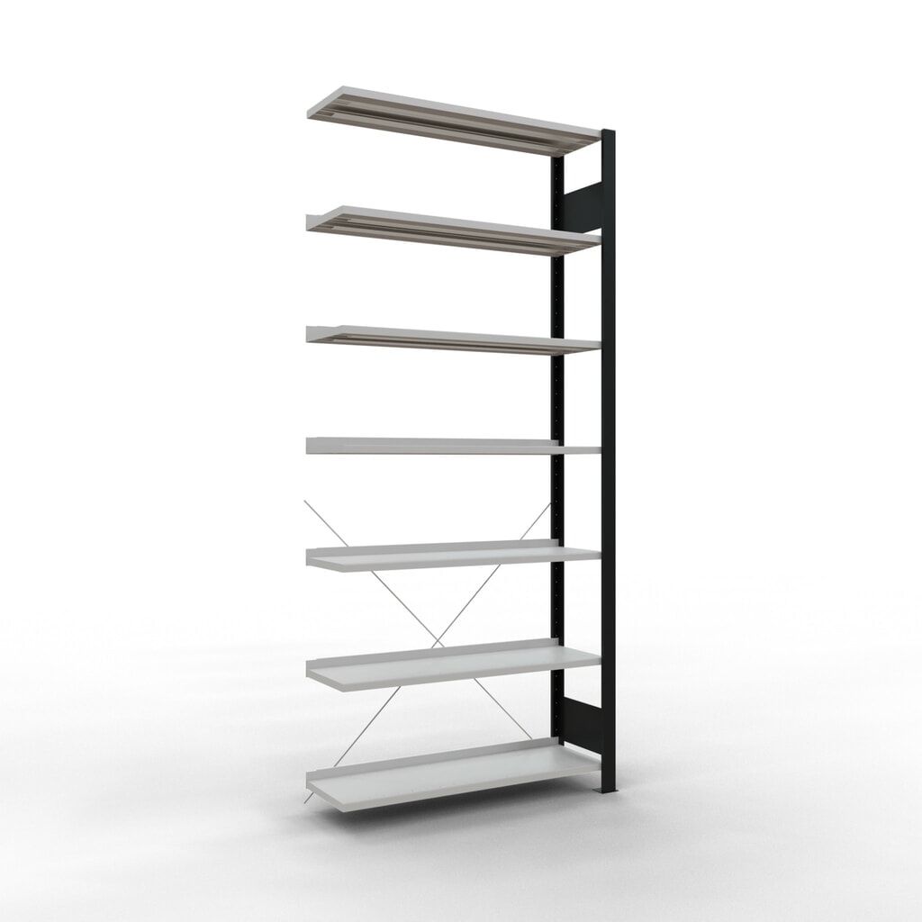SCHULTE prídavné pole polica na pilníky, jednostranná, s koncovými zarážkami, nosnosť regálu 85 kg, čierna, V x Š x H 2 300 x 1 000 x 300 mm Obrázok výrobku: SCHULTE prídavné pole polica na pilníky, jednostranná, s koncovými zarážkami, nosnosť regálu 85 kg, čierna, V x Š x H 2 300 x 1 000 x 300 mm