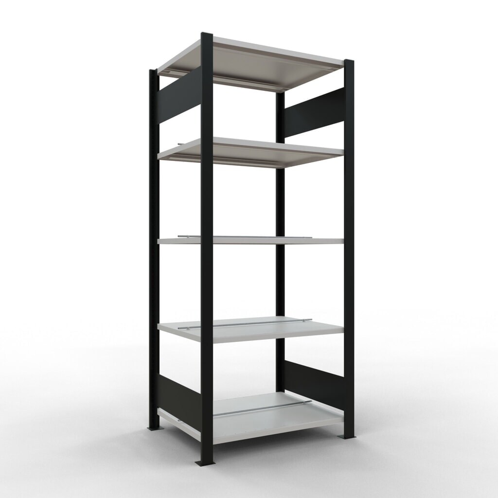 základné pole kladová polica SCHULTE, obojstranná, s centrálnymi zarážkami, nosnosť regálu 150 kg, čierna, V x Š x H 1 800 x 750 x 600 mm Obrázok výrobku: základné pole kladová polica SCHULTE, obojstranná, s centrálnymi zarážkami, nosnosť regálu 150 kg, čierna, V x Š x H 1 800 x 750 x 600 mm