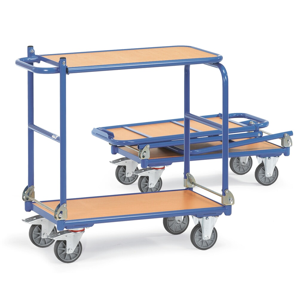 Skladací stolový vozík fetra® s oceľovým rámom, 2 police 900 x 600 mm Obrázok výrobku: Skladací stolový vozík fetra® s oceľovým rámom, 2 police 900 x 600 mm