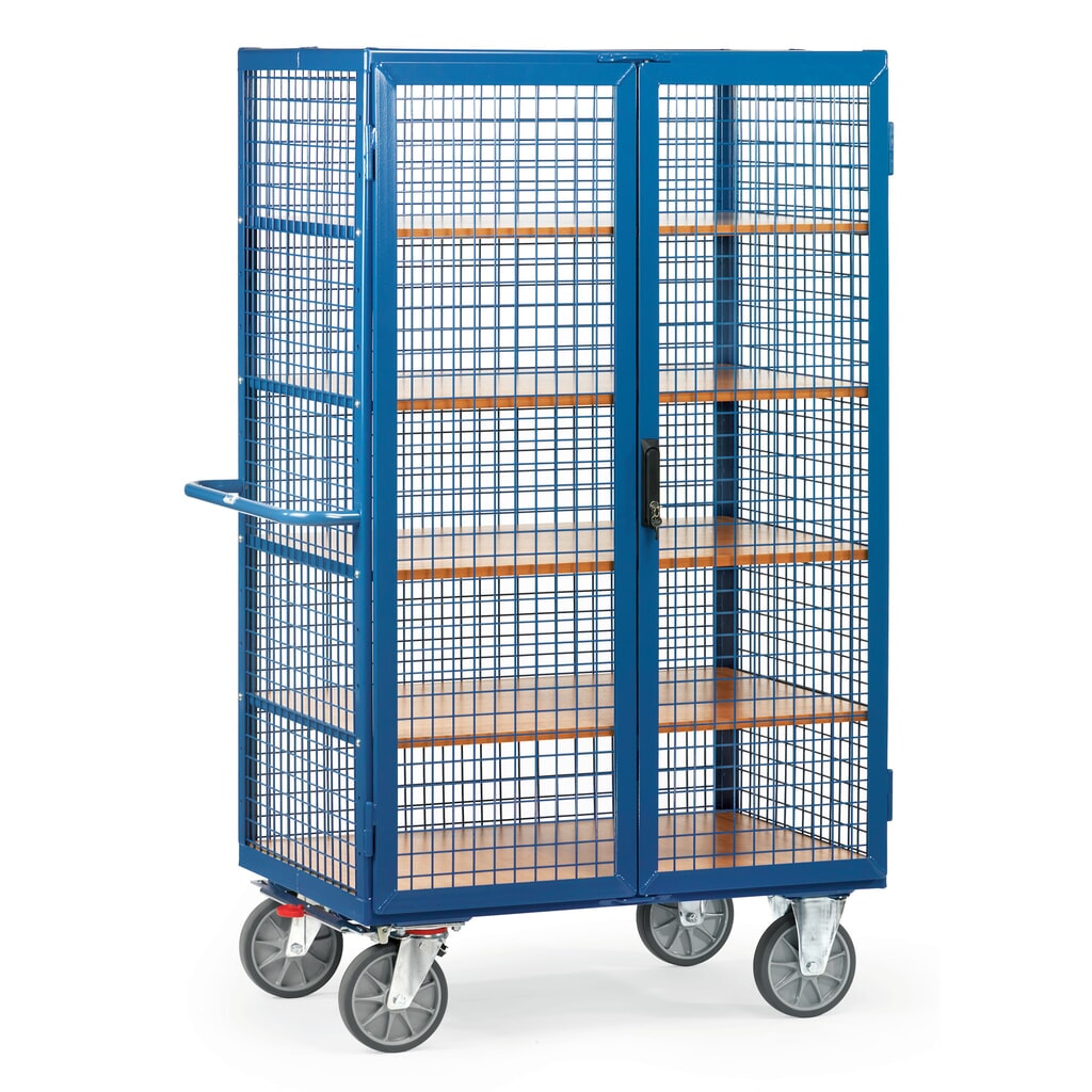 skrinkový vozík fetra®, mriežkové steny, s dvojitými krídlovými dverami, 5 úrovní 1 000 x 680 mm Obrázok výrobku: skrinkový vozík fetra®, mriežkové steny, s dvojitými krídlovými dverami, 5 úrovní 1 000 x 680 mm