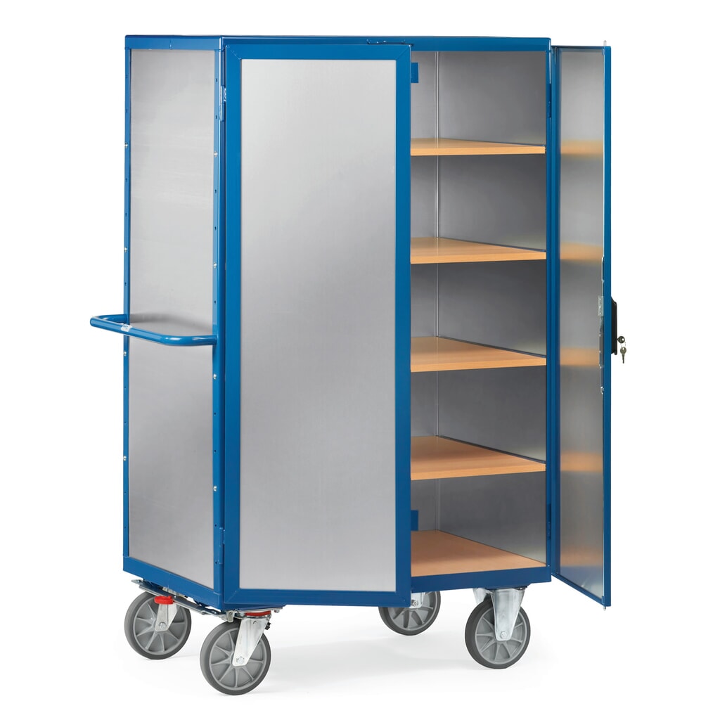 skrinkový vozík fetra®, zatvorený, s dvojitými výklopnými dverami, hliníkový plech, 5 úrovní 1 200 x 780 mm Obrázok výrobku: skrinkový vozík fetra®, zatvorený, s dvojitými výklopnými dverami, hliníkový plech, 5 úrovní 1 200 x 780 mm