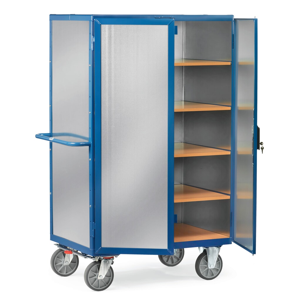 Obrázok výrobku: skrinkový vozík fetra® zatvorený, s dvojkrídlovými dverami, oceľový plech, 5 úrovní 1 000 x 680 mm
