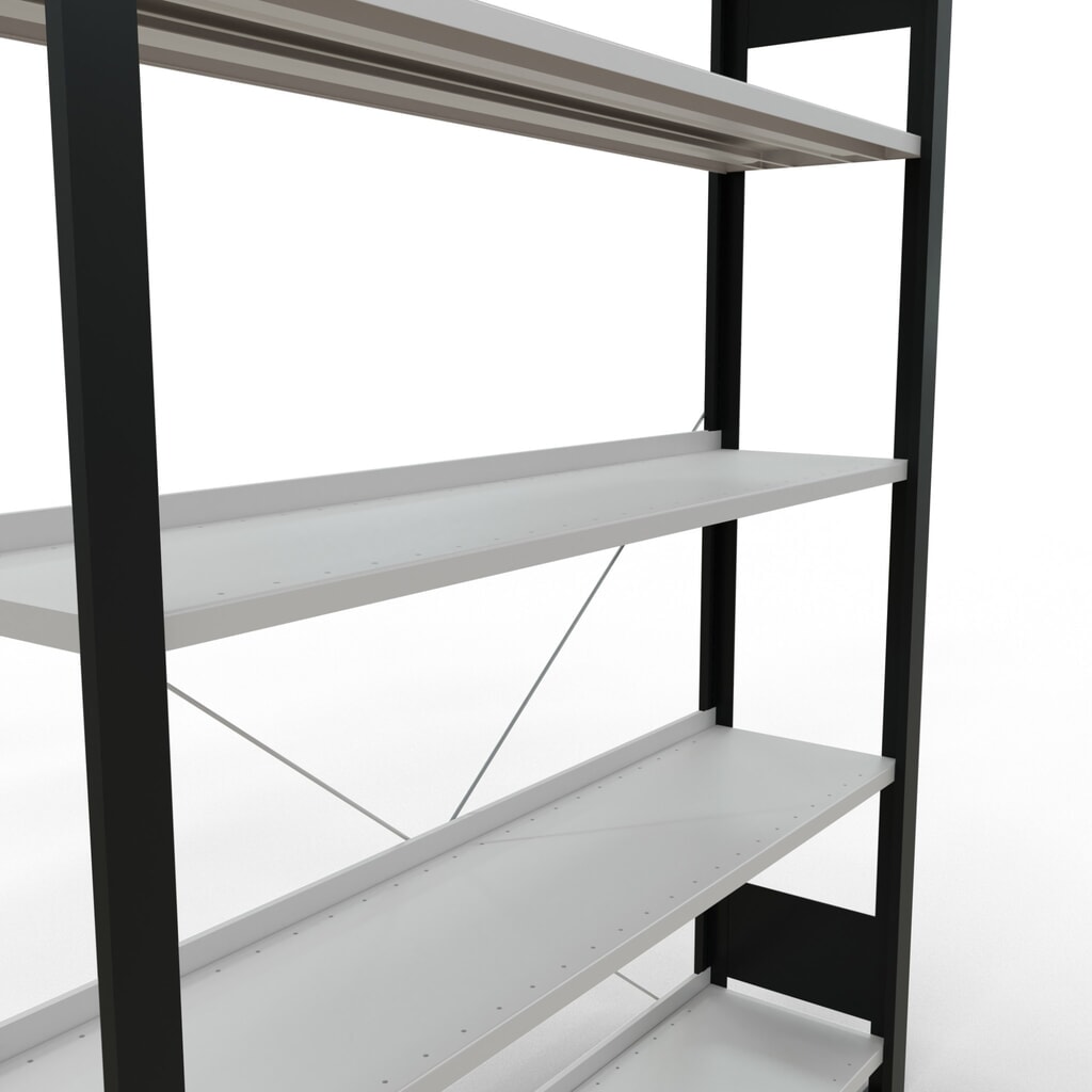 Spisový regál SCHULTE, základné pole, jednostranný, s koncovými dorazmi, zaťaženie police 85 kg, čierna, v × š × h 1 800 × 1 300 × 300 mm Číslo obrázka výrobku 4: Spisový regál SCHULTE, základné pole, jednostranný, s koncovými dorazmi, zaťaženie police 85 kg, čierna, v × š × h 1 800 × 1 300 × 300 mm