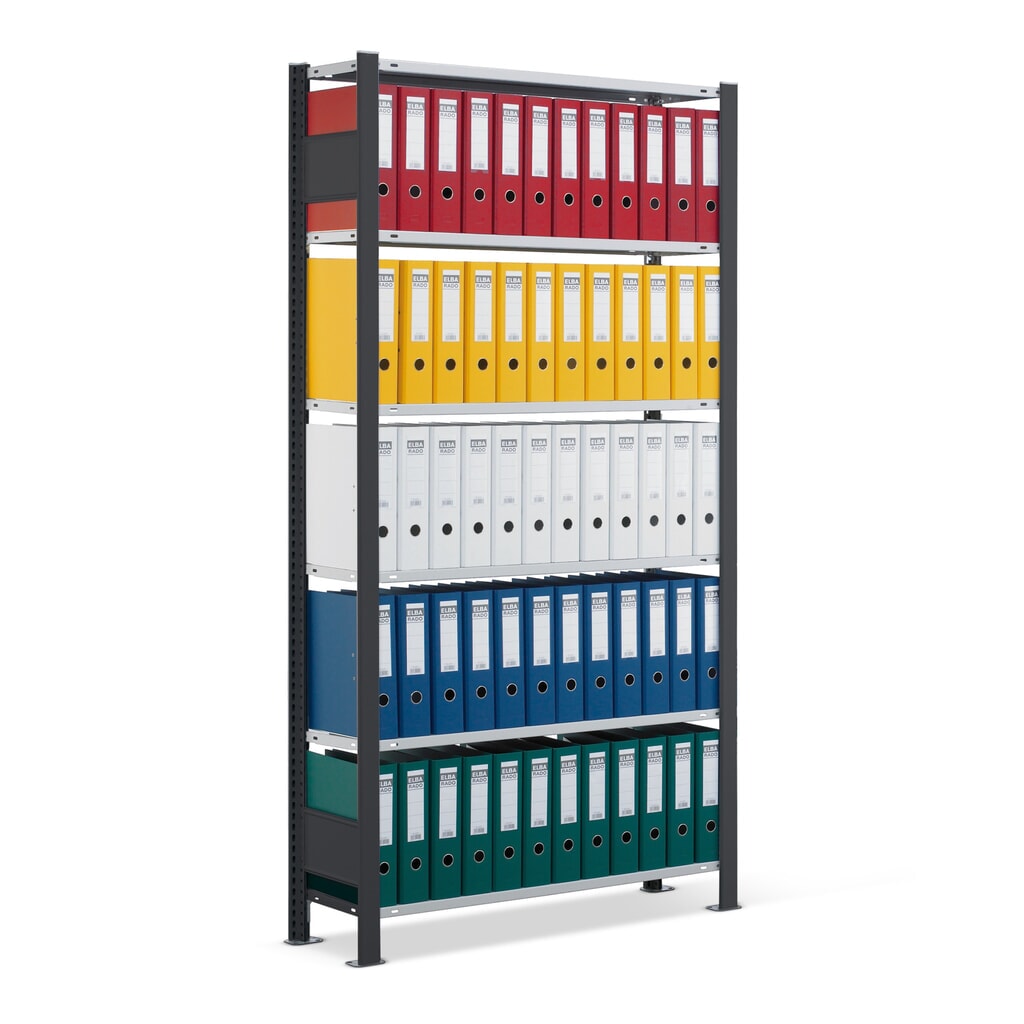 Obrázok výrobku: Spisový regál SCHULTE, základné pole, jednostranný, s koncovými dorazmi, zaťaženie police 85 kg, čierna, v × š × h 2 300 × 750 × 300 mm