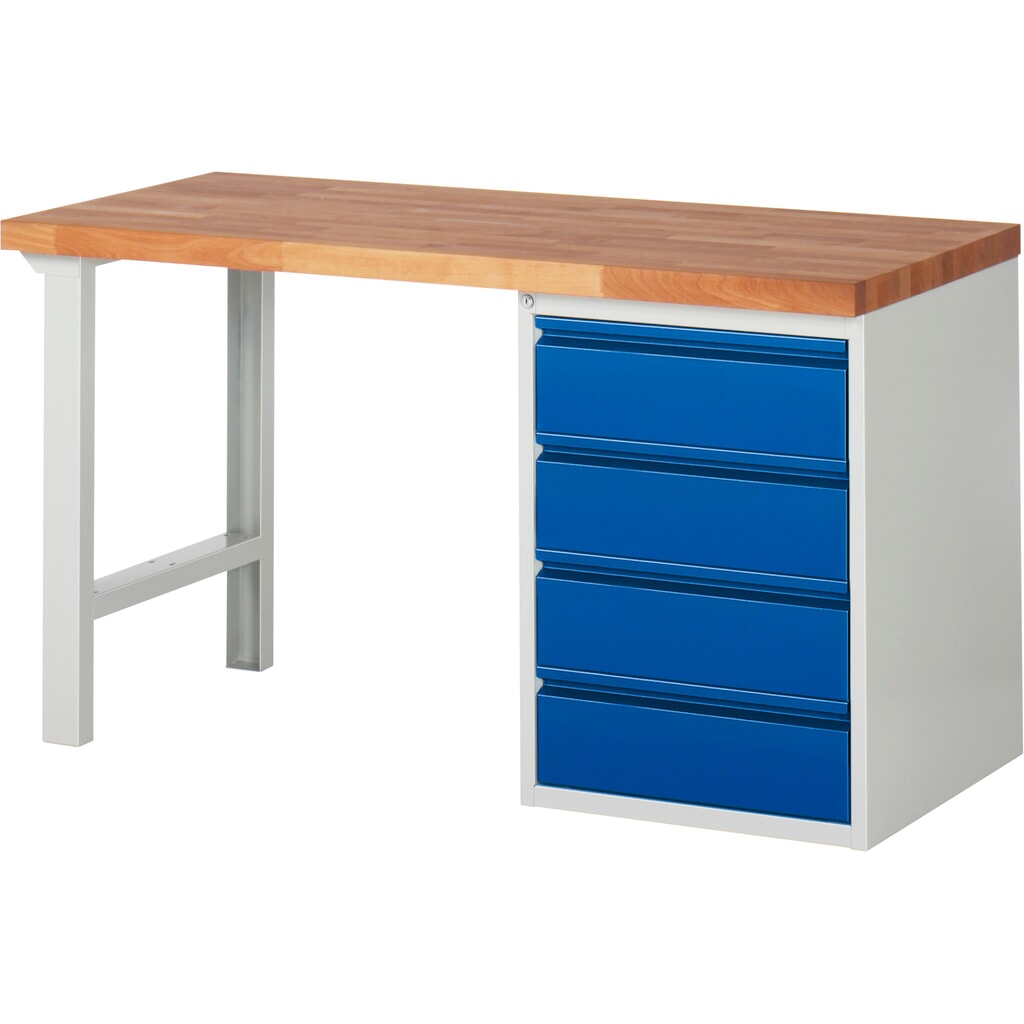 Steinbock® pracovný stôl so 4 zásuvkami, V x Š x H 840 x 1500 x 700 mm, RAL 7035/5010 Obrázok výrobku: Steinbock® pracovný stôl so 4 zásuvkami, V x Š x H 840 x 1500 x 700 mm, RAL 7035/5010