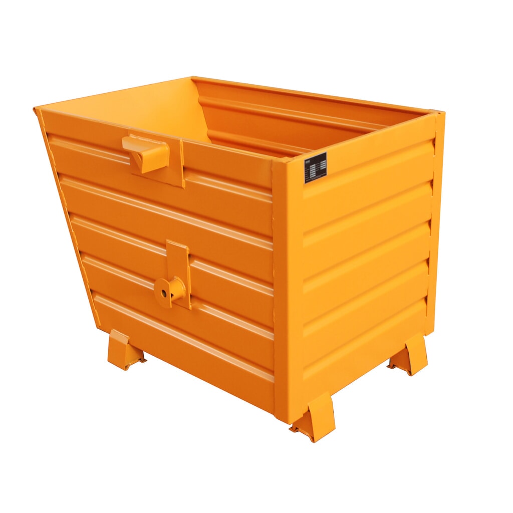 Bauer® Stohovateľný vyklápací zásobník, lakovaný, objem 0,7 m³, RAL 2000 žltooranžová Obrázok výrobku: Bauer® Stohovateľný vyklápací zásobník, lakovaný, objem 0,7 m³, RAL 2000 žltooranžová