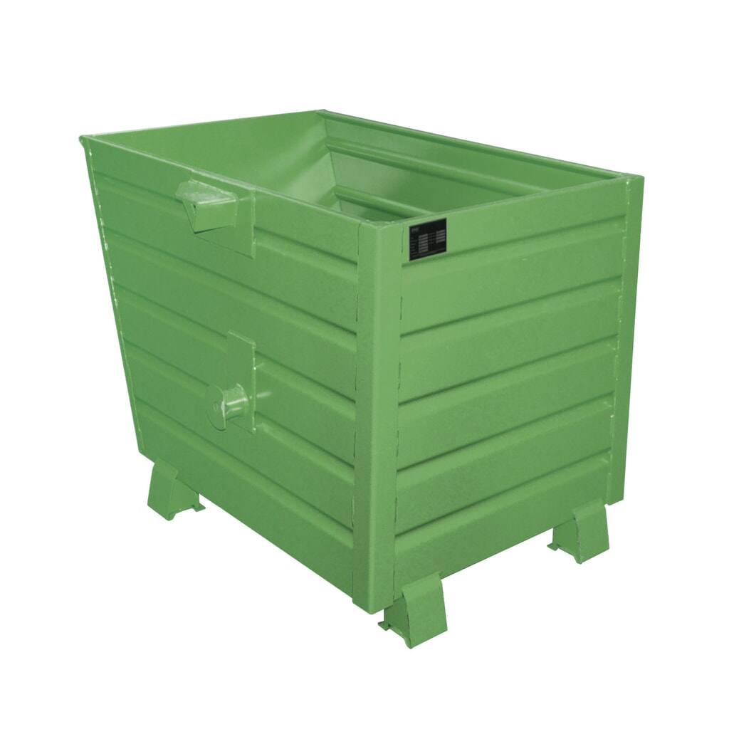 Bauer® Stohovateľný vyklápací zásobník, lakovaný, objem 0,7 m³, RAL 6011 žltozelená Obrázok výrobku: Bauer® Stohovateľný vyklápací zásobník, lakovaný, objem 0,7 m³, RAL 6011 žltozelená